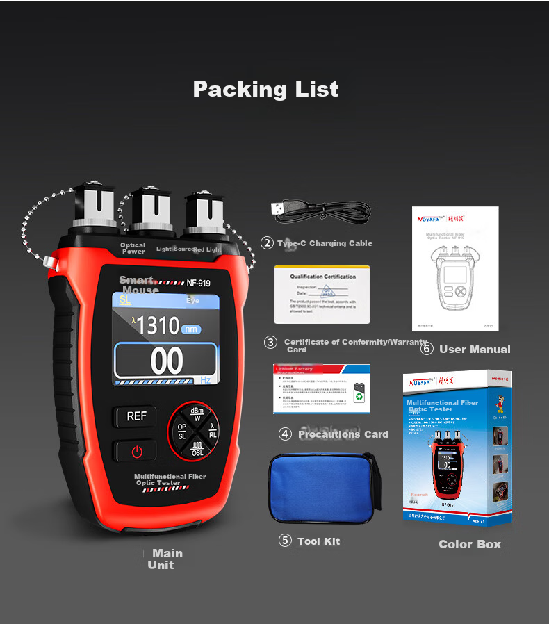 SmartMouse NF-919 Multifunctional Fiber Optic Tester Kit Optical Power Meter Light Source Red Light for Communication and Telecom Networks 15