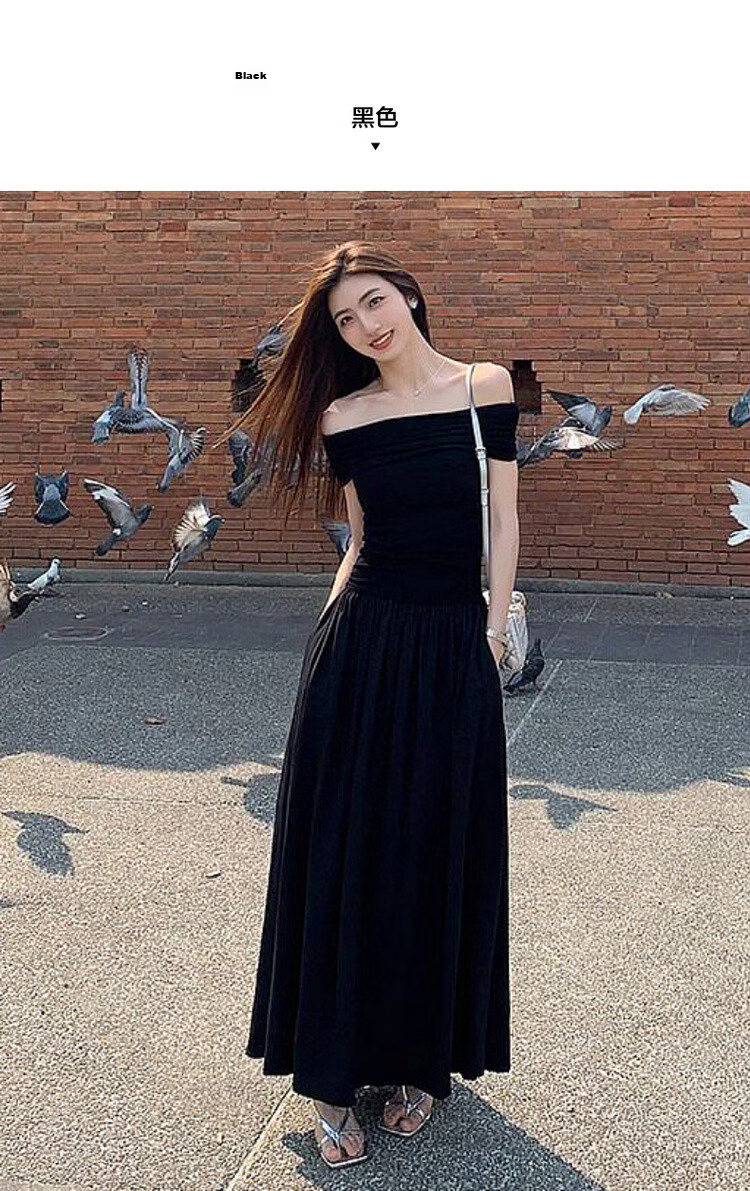 Mt Elegant Declaration Summer French Vintage Off-Shoulder Ruffled Waist-Slimming Dress for Women High-End Feel 8