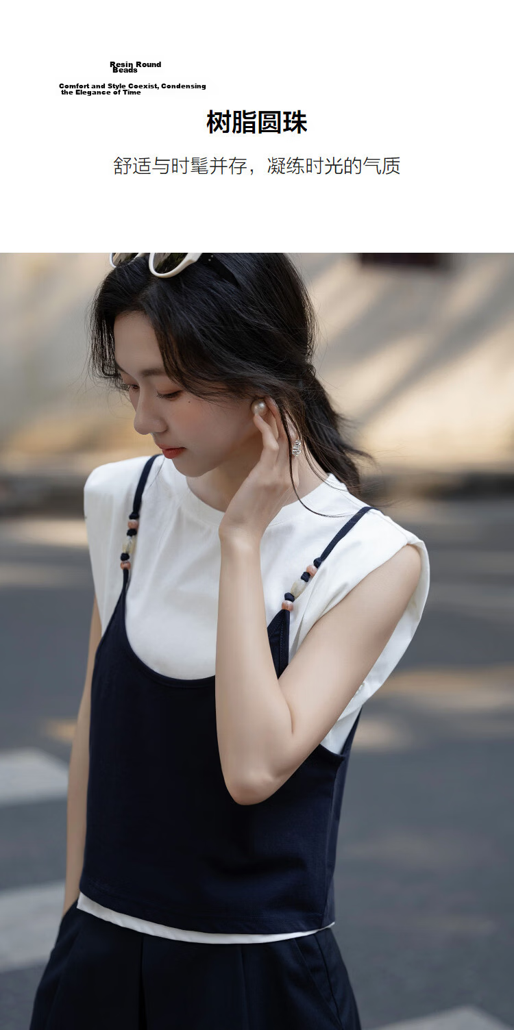 Demana [Cool Feeling Sorona] Summer Crew Neck Resin Bead Vest T-Shirt Slimming Concealing Two-Piece Set for Women High-End Style 7