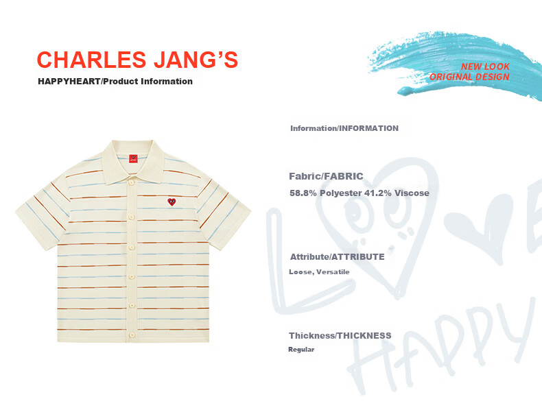 Charles Peach Heart Summer Trendy Small Heart Striped Couple Short Sleeve Polo Shirt Cool Casual Unisex Off-White XS 7