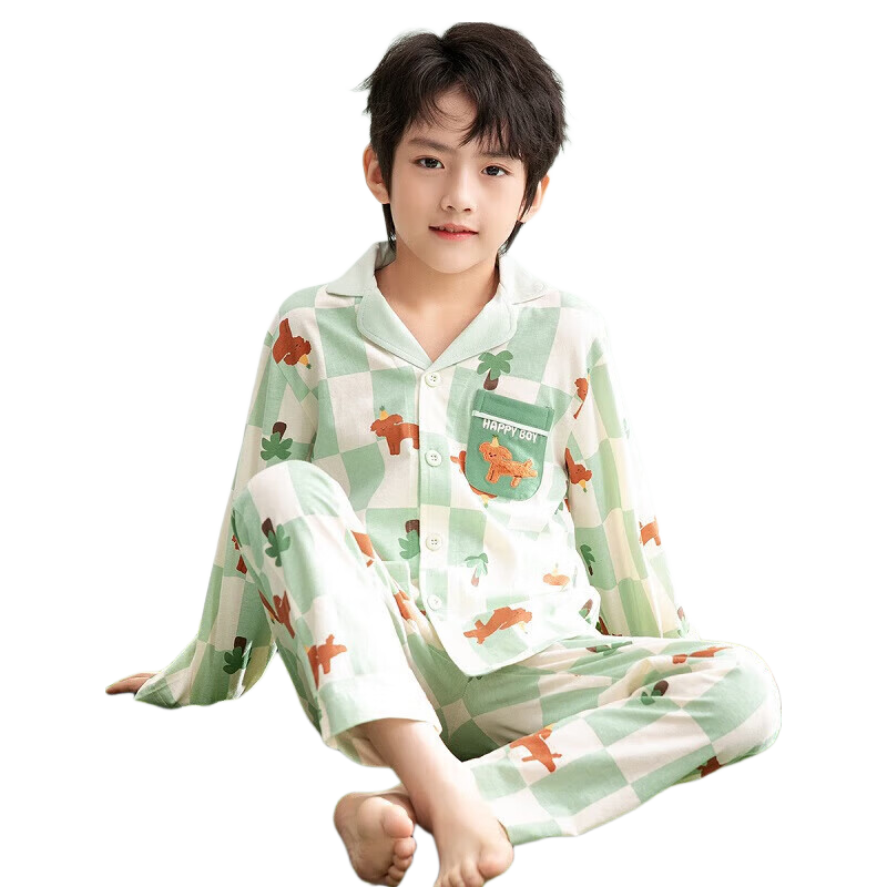 Fenteng Children's Pajamas for Boys, 100% Cotton Spring New Cartoon Sleepwear Set for Older Kids