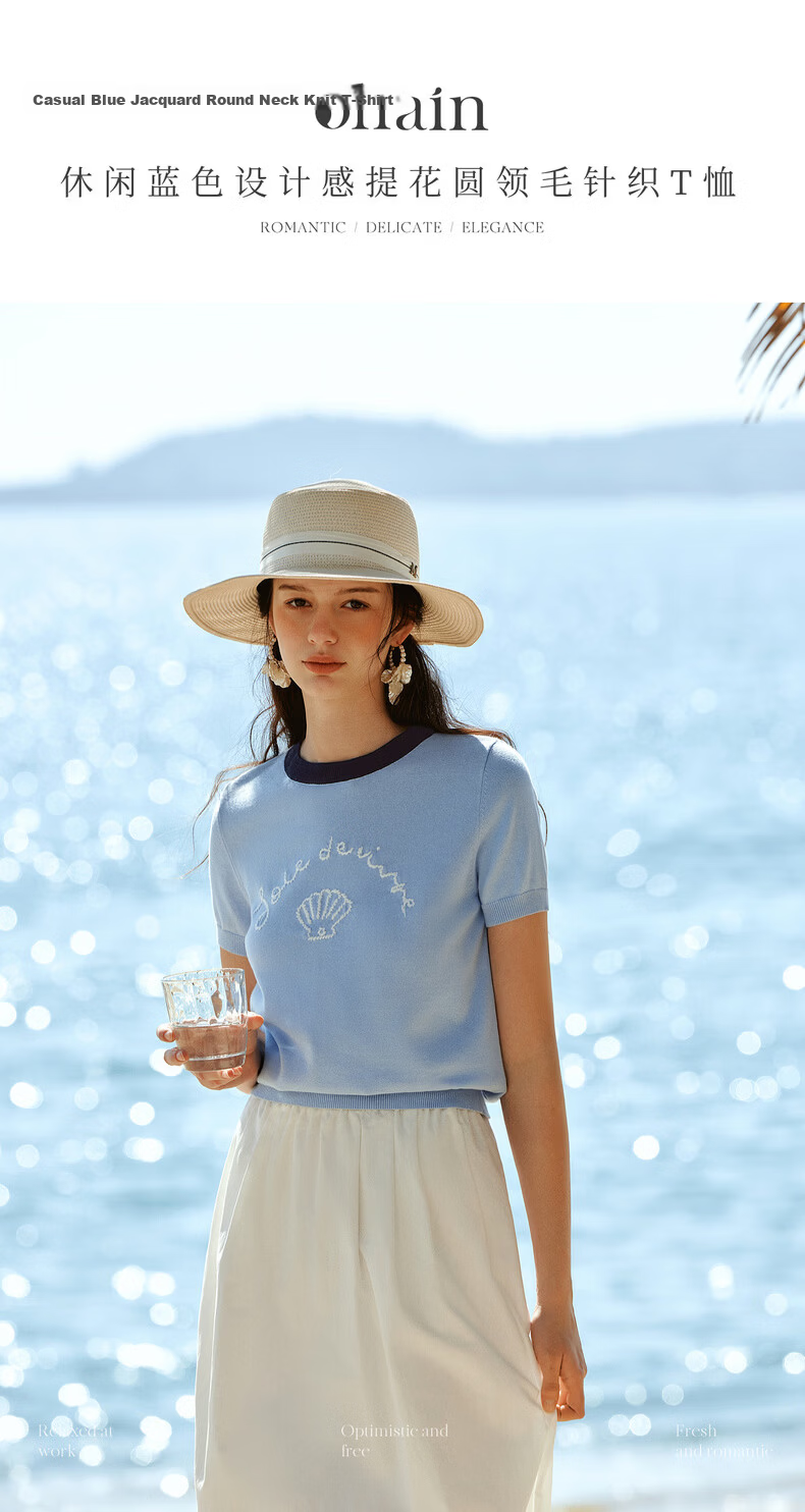 Olrain Oureier New Summer Jacquard Embroidered Round Neck Casual Short Sleeve Knit Pullover Top for Women Blue S 1