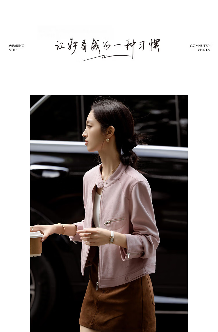 Demana Sweet Cool Korean Style Spring Stand Collar Suede Splice Zipper Decorative Jacket Short Petite Women's Coat 12