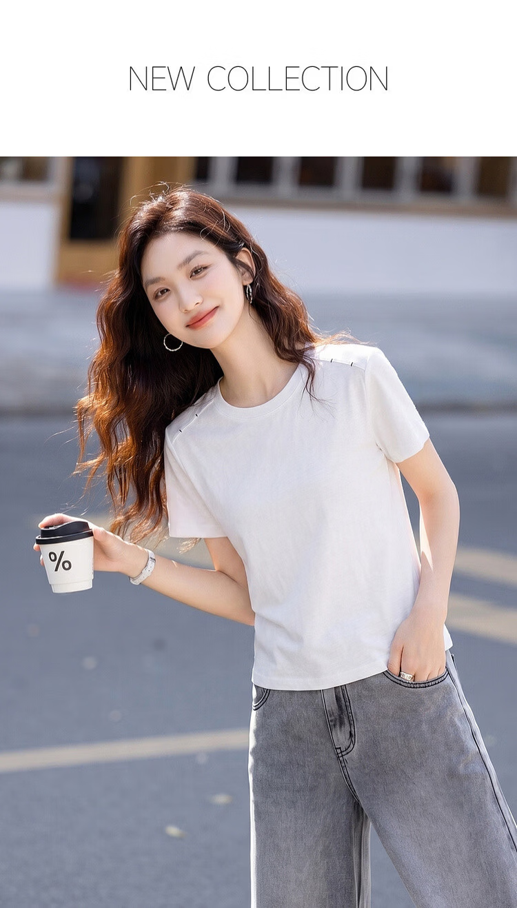 Demana [with Flax Cloud Cotton] Summer Simple Style Color-Block Shoulder Round Neck Slim Loose Fit Women's T-Shirt 1