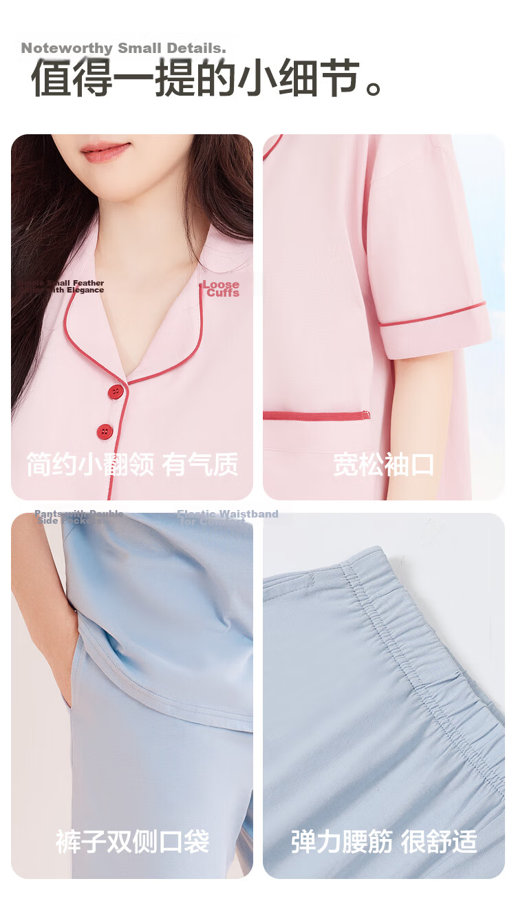 Hongdou Men's Pure Cotton Breathable Simple Lapel Short Sleeve Shorts Couple Homewear Navy Blue 180 8