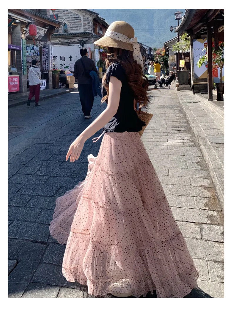 Langsha Pink Polka Dot Long Skirt Women's New 2026 Summer Super Beautiful Tulle A-Line High Waist Slim Puff Half Skirt 10