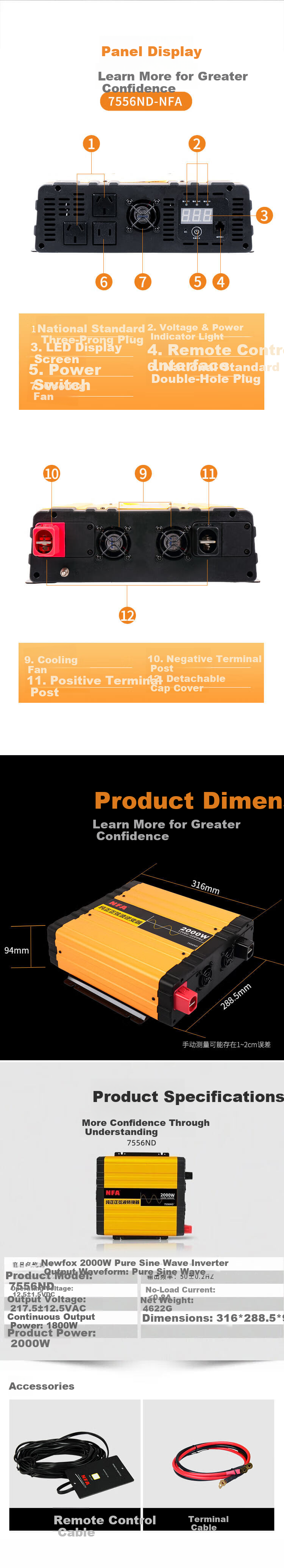 NewFox Car Power Inverter 2000W Pure Sine Wave 12V to 220V Vehicle Converter 7556N Orange 7