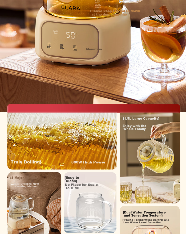 CLARA 1.5L All-Glass Health Pot Temperature Control Kettle Large Capacity Multifunctional Tea Maker Electric Kettle No Glue No Seam Titanium Tea Strainer Model 2