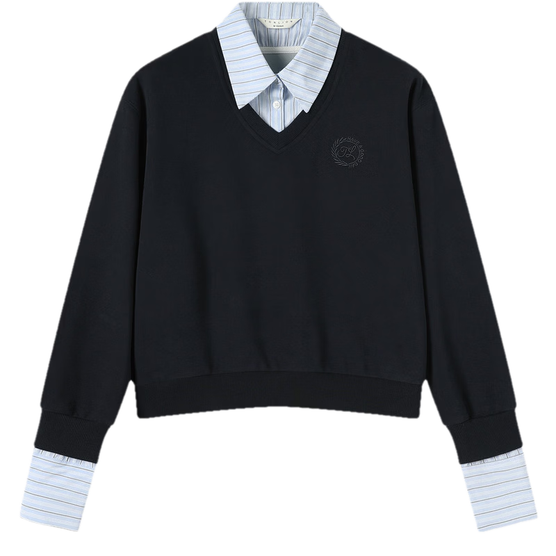 TonLion 2026 Spring Women's Embroidered Two-in-One Sweatshirt Navy Blue L
