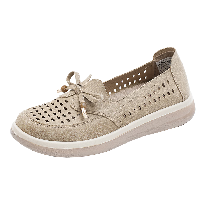 Taiheyuan Old Beijing Women's Summer Hollow Breathable Flat Soft Sole Slip-On Shoes Mom Shoes Beige Gray Size 38