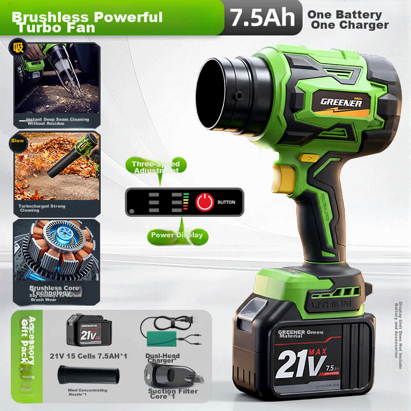 GREENER High-Power Turbo Fan Blower Dual-Use Blower and Vacuum Cleaner Car Wash Lithium Battery Blower 7.5Ah