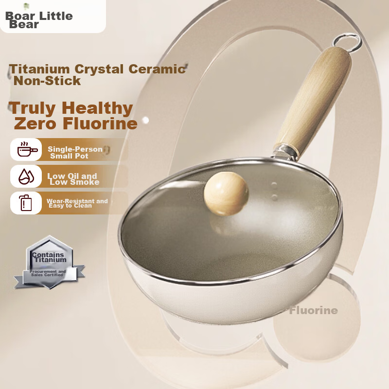 Bear 20cm Ceramic Non-Stick Cast Iron Frying Pan, Fluorine-Free Coating, Flat Bottom, Universal Stove Compatible, Single Serving, White
