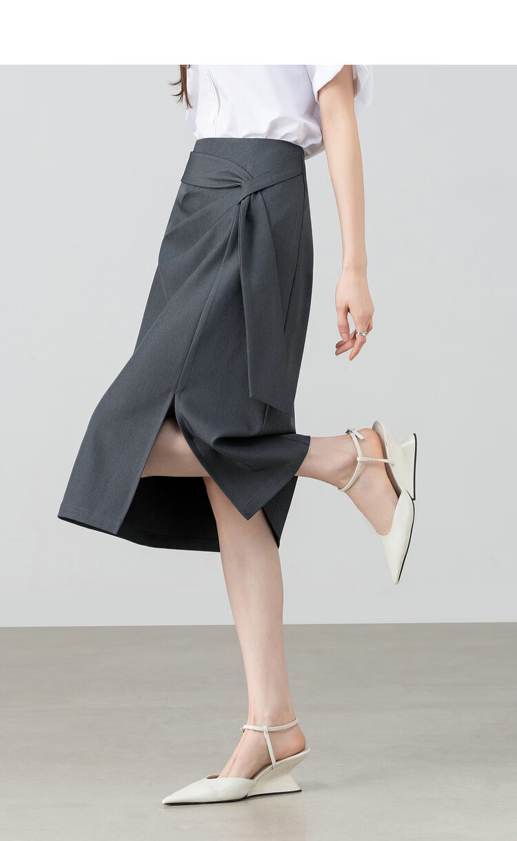 Shangdu Bira Designer Ribbon Pleated Slimming Slit A-Line Mid-Length Skirt for Women Spring Summer High-End Commuter Skirt 3