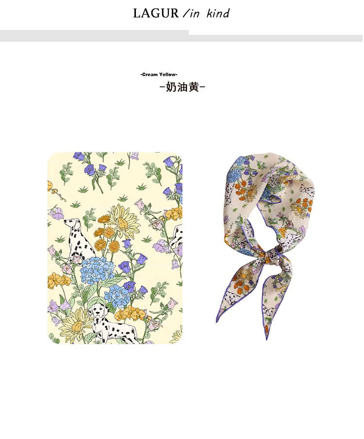 Lagur "French Wonderland" 100% Mulberry Silk Small Scarf 12 Momme Silk Triangle Neck Scarf Spring Autumn Cream Yellow 14
