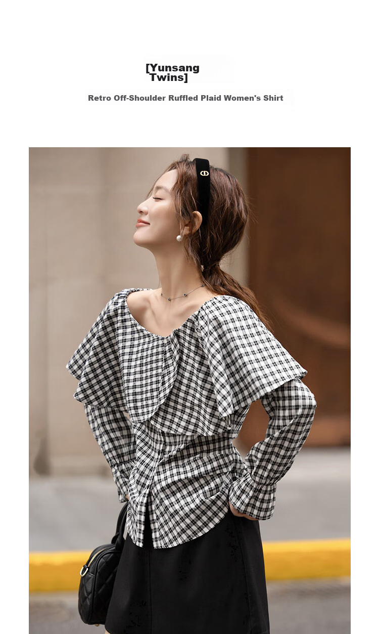 Demana [Cloud Soft Cotton Blend] Spring Off-Shoulder Ruffle Side Ruched Plaid Petite Women's Shirt 4