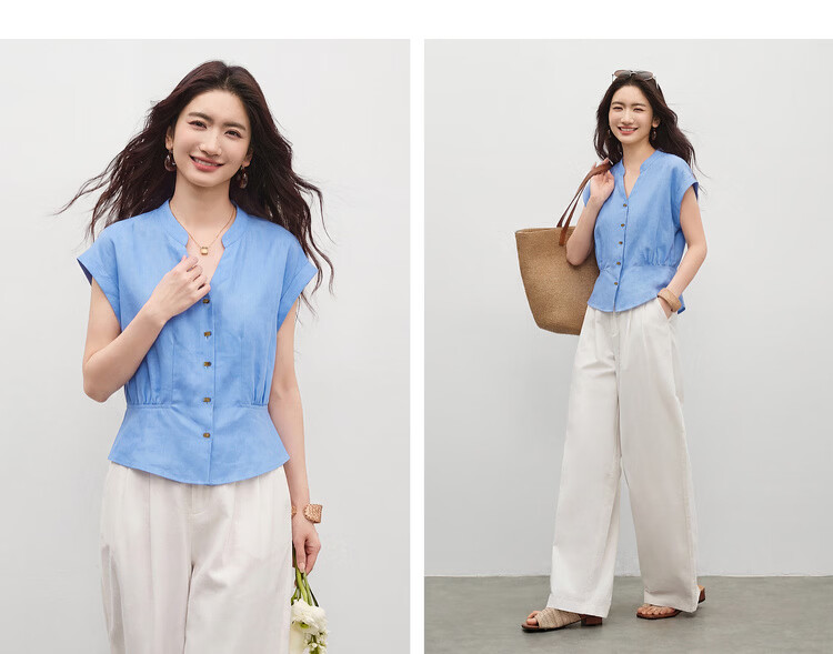 Shangdu Bila Linen Blend Stand Collar Shirt for Women Spring Summer Color-Block Button Slim Fit Flutter Sleeve Waist-Defined Short Sleeve Elegant Top 22
