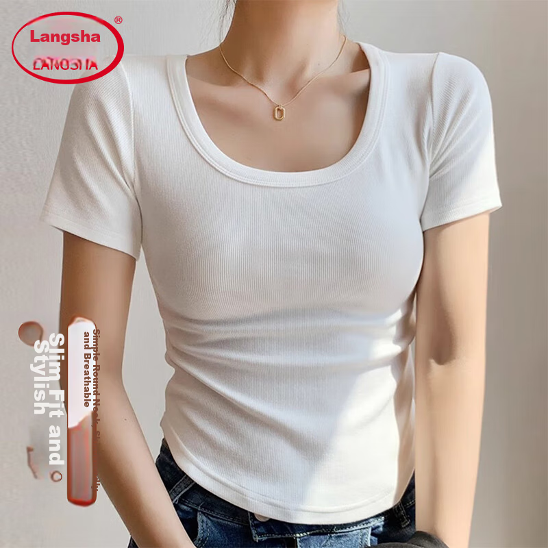 Langsha Women's Summer Ribbed Short Sleeve T-Shirt 2025 New Slim Fit Crew Neck Top Outerwear