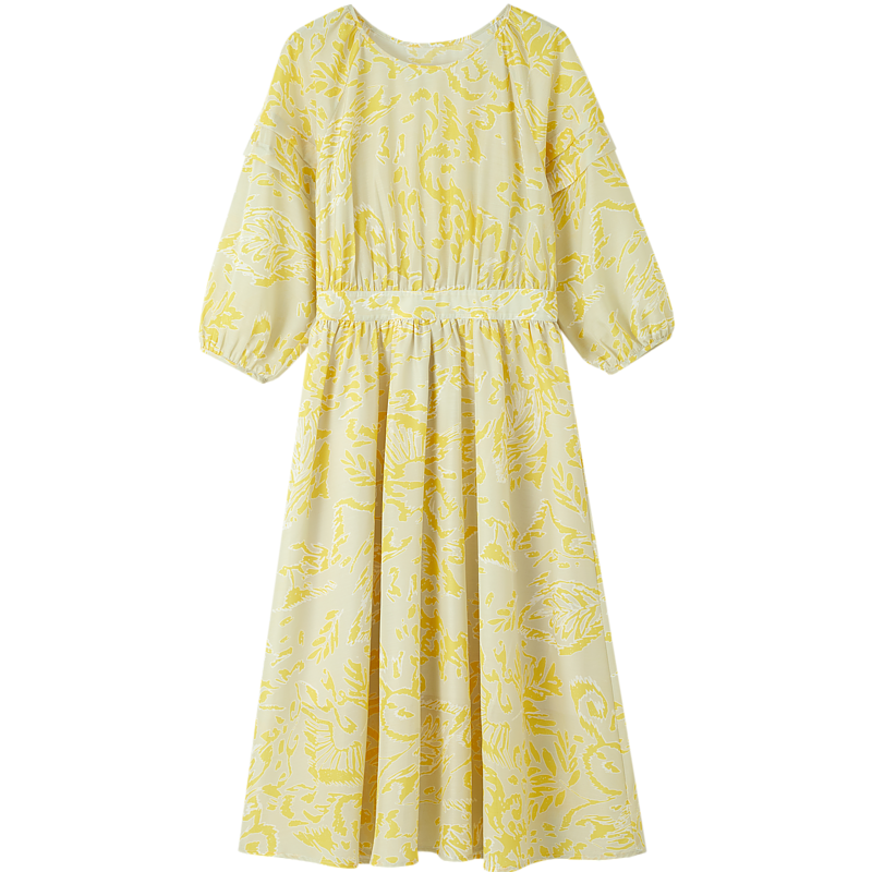 Dme French Mint Mambo Tea Break Dress, Spring And Autumn Vacation Style, Round Neck Printed Seven-Quarter Sleeve Midi Dress for Wome