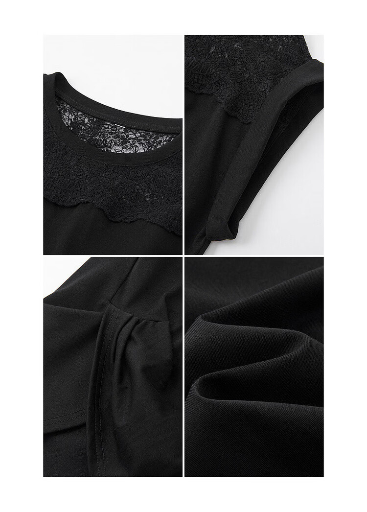 Demana [Cooling Black Technology Sorona] Summer Elegant Lace Splice Crew Neck Pleated Hem Short Sleeve Women's T-Shirt 17