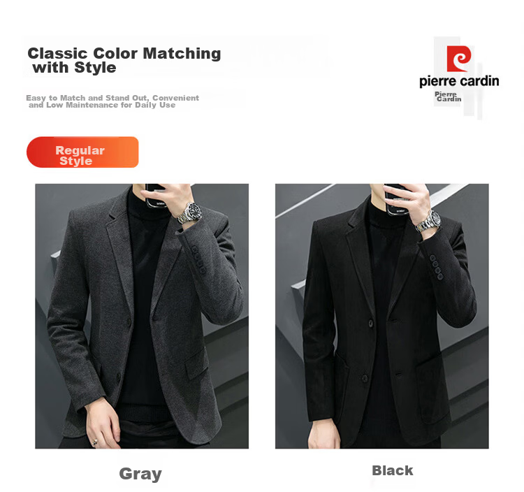Pierre Cardin Men's Spring Autumn Slim Fit Korean Style Business Two-Button Wool Blazer Gray Regular XL 7