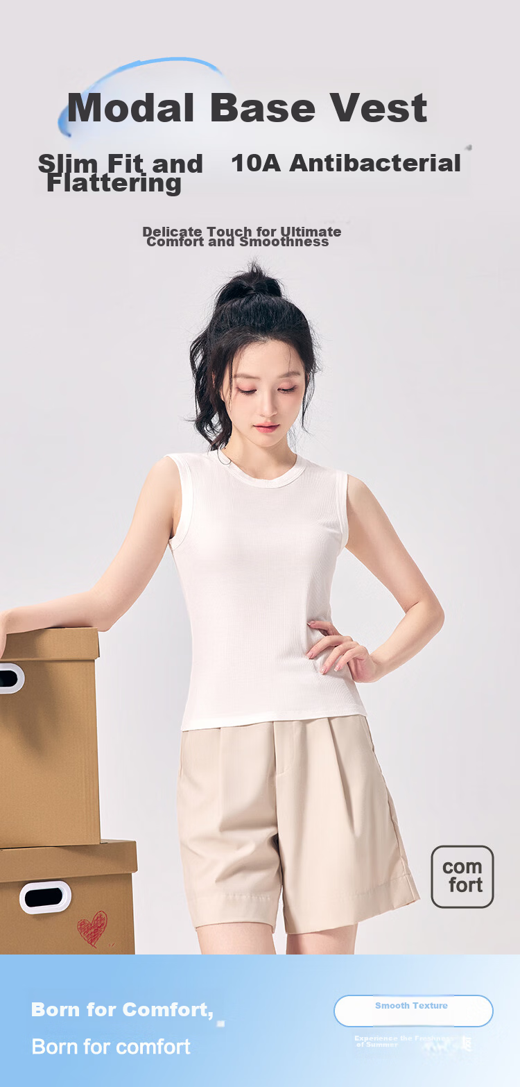 Hodo 10A Antibacterial Smooth Modal Vertical Stripe Slim Fit Versatile Round Neck Sleeveless Women's Base Layer Top 1
