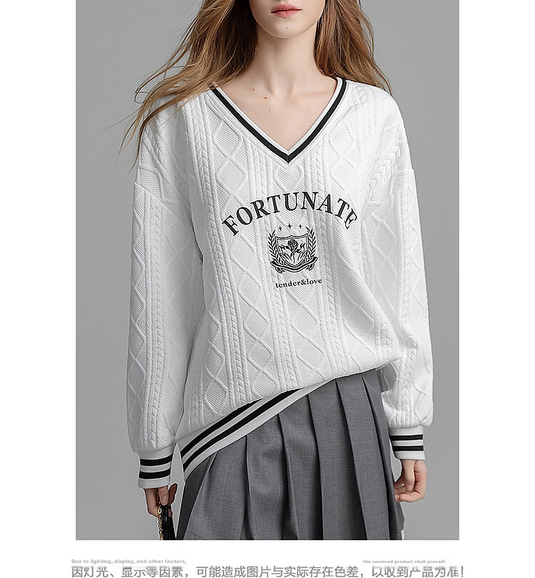 Demana British College Style Spring Autumn New V-Neck Drop Shoulder Long Sleeve Letter Color-Block Embroidered Striped Sweatshirt for Women 15