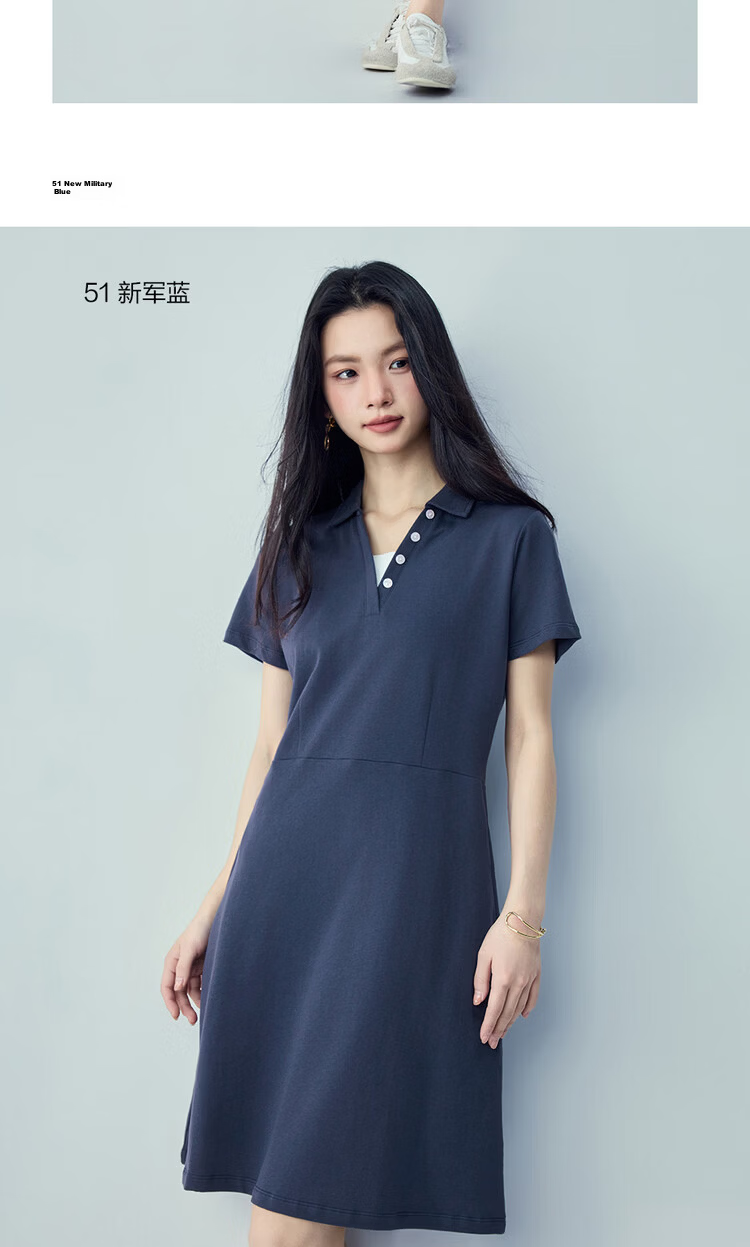 Giordano Women's Short Sleeve Dress Pure Cotton Knit Sweatshirt Dress Color Block Faux Two-Piece Polo Collar Dress 05466470 14