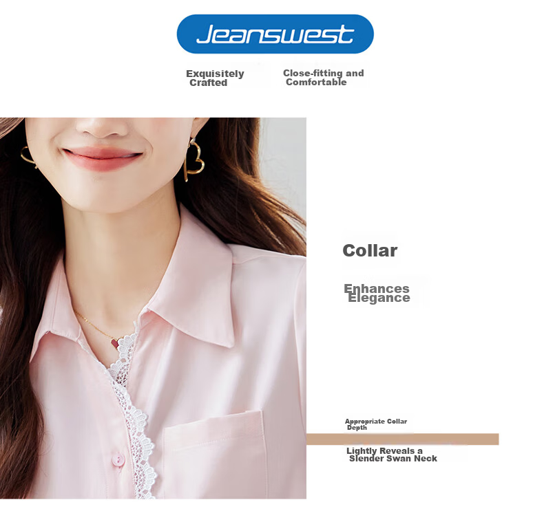 Jeanswest Women's Short Sleeve Shirt 2026 Summer Korean Style Lace Trim Lapel Waist Slimming High-End Pink M 4
