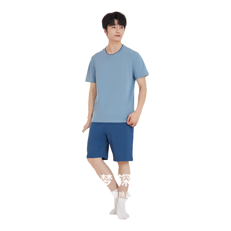 Hodo Home Men's Summer Cotton Contrast Color Cloud Feel Loungewear Set Sea Mist Blue 175/96A