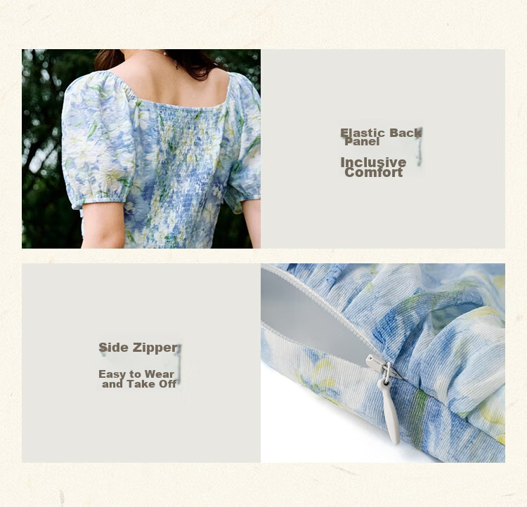 Inman Vacation Style Seaside Print Dress Summer Women's Square Neck Puff Sleeve Waist Cinched Long Dress Glaze Blue S 9