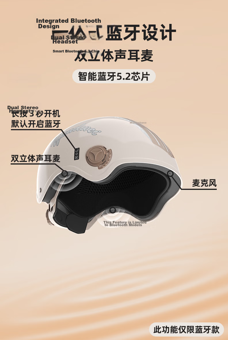 Yundianwei Smart Bluetooth Helmet with Built-in Sensor Light, 3C Certified Electric Motorcycle Summer Safety Helmet for Men and Women, Extra Large Size, Universal Four-Season Half Helmet for Electric  3