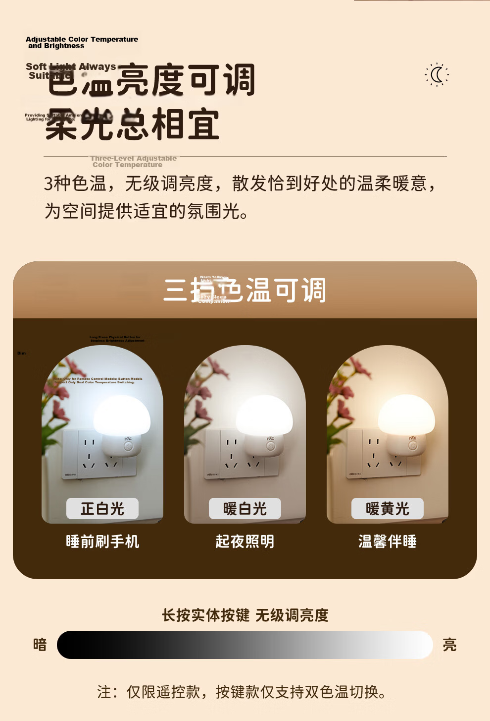 NVC Night Light Bedroom Sleep Lamp Soft Eye Protection Bedside Button Plug-in Sleep Companion Energy-saving Lamp 0.7W 7