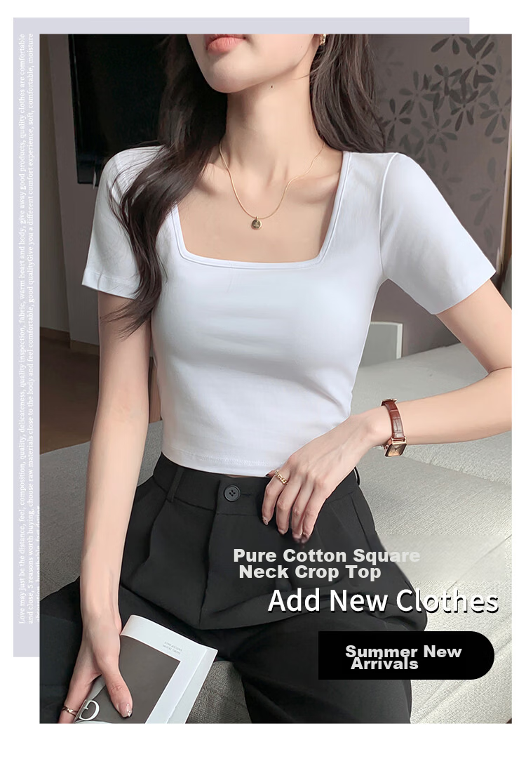 Herbal Original Color Short Sleeve T-Shirt Women Pure Cotton Top Base Shirt French Square Neck Straight Shoulder Summer 2026 New Unique Design Niche Loose Fit 1