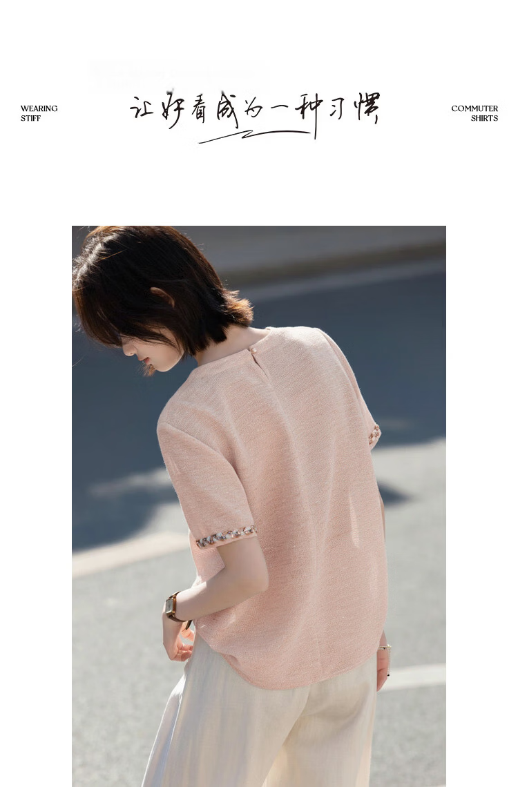 Demana [French Heiress] Summer Little Coco Style Ribbon Round Neck Short Sleeve Loose Slim Fit Petite Shirt for Women High-End Feel 10