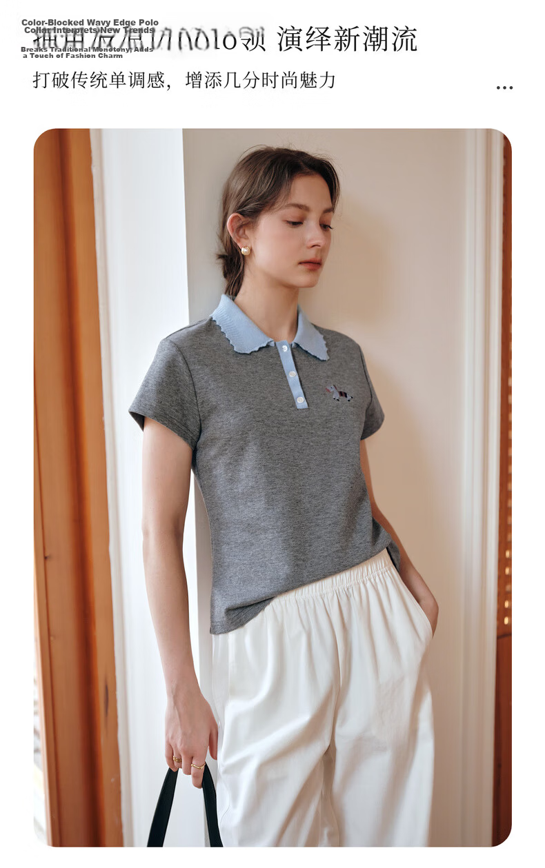 Olrain Colorblock Wave Edge Polo Collar Design T-Shirt Women Summer Short Sleeve Top Gray XL 8