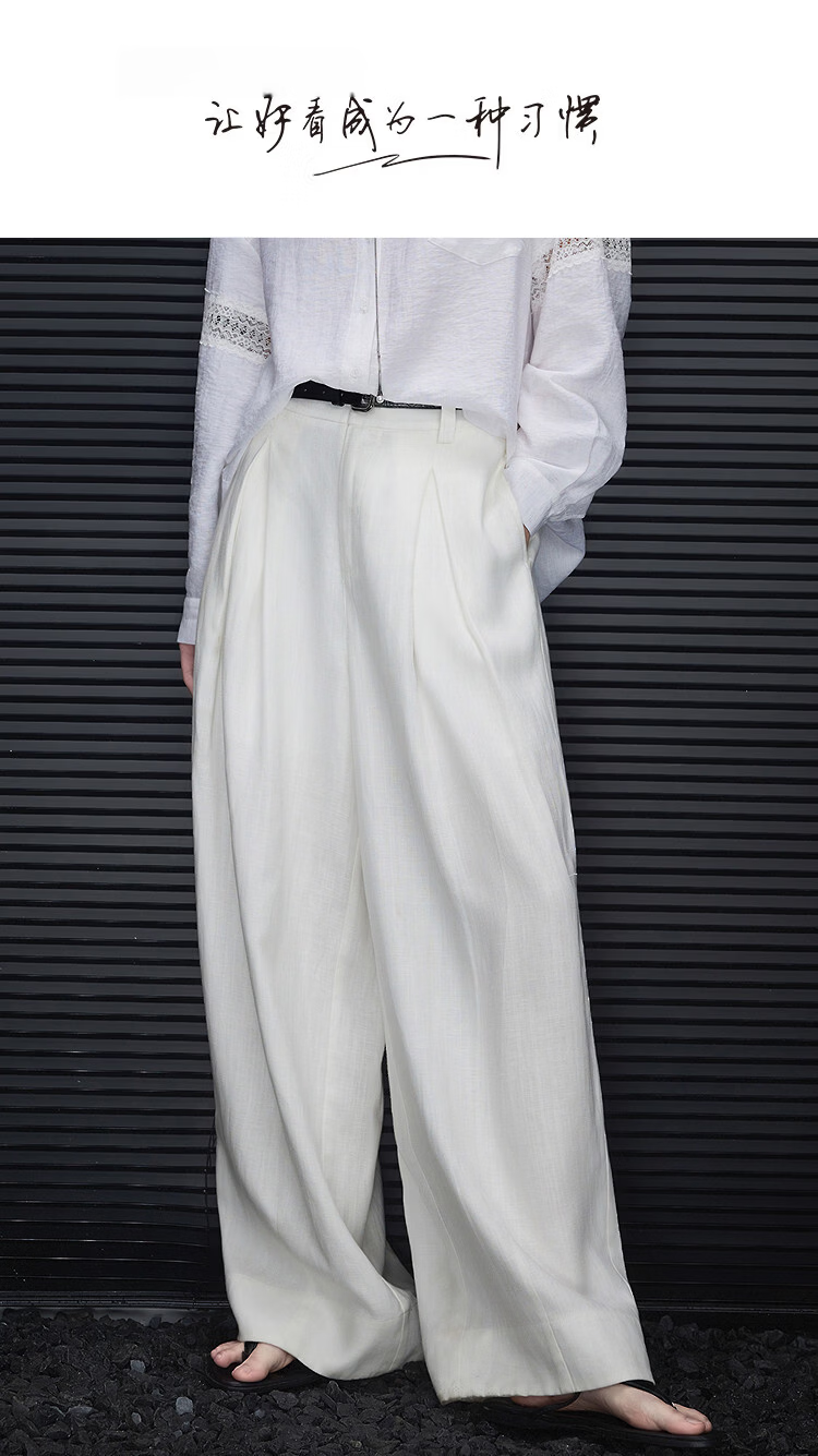 Demana [Linen Lyocell Blend] Spring Artistic Pleated Herringbone Wide-Leg Slimming Casual Pants for Women Premium Feel 1