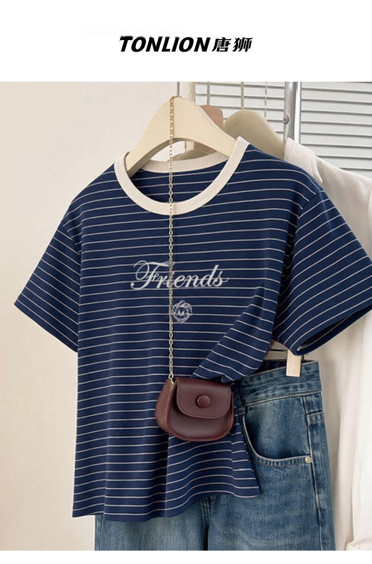 TonLion 2026 Summer New Women's Short Sleeve T-Shirt Loose Casual Striped Top Navy Blue Stylish Premium Feel 2
