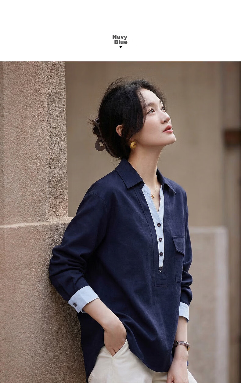 Demana Pure Cotton Slow Life Autumn Colorblock Faux Two-Piece Lapel Large Patch Pocket Loose Slim Shirt for Women Premium Feel 9