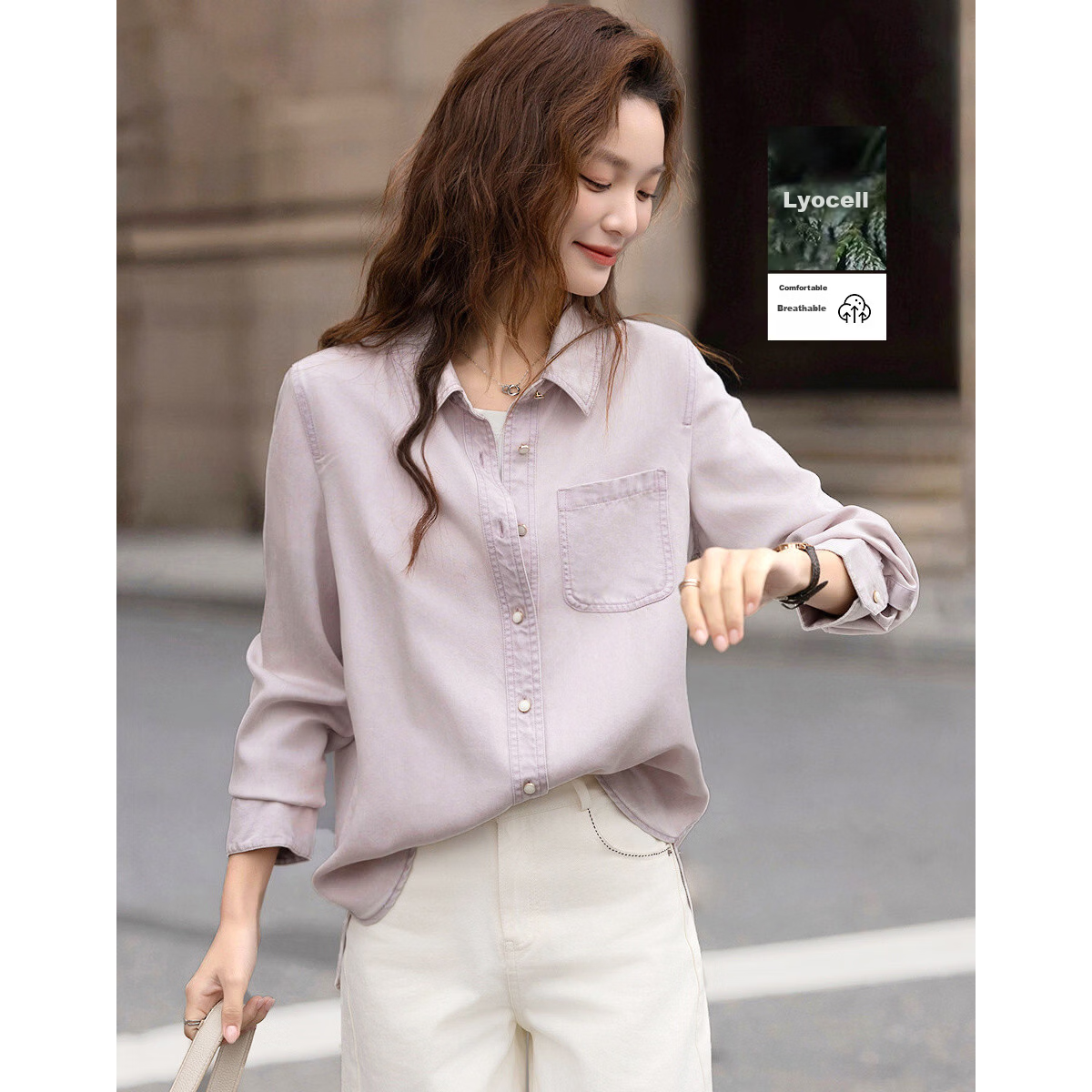 Demana [Breathable 100 Lyocell] Spring Urban Minimalist Style Lapel Patch Pocket Button Loose Women's Shirt