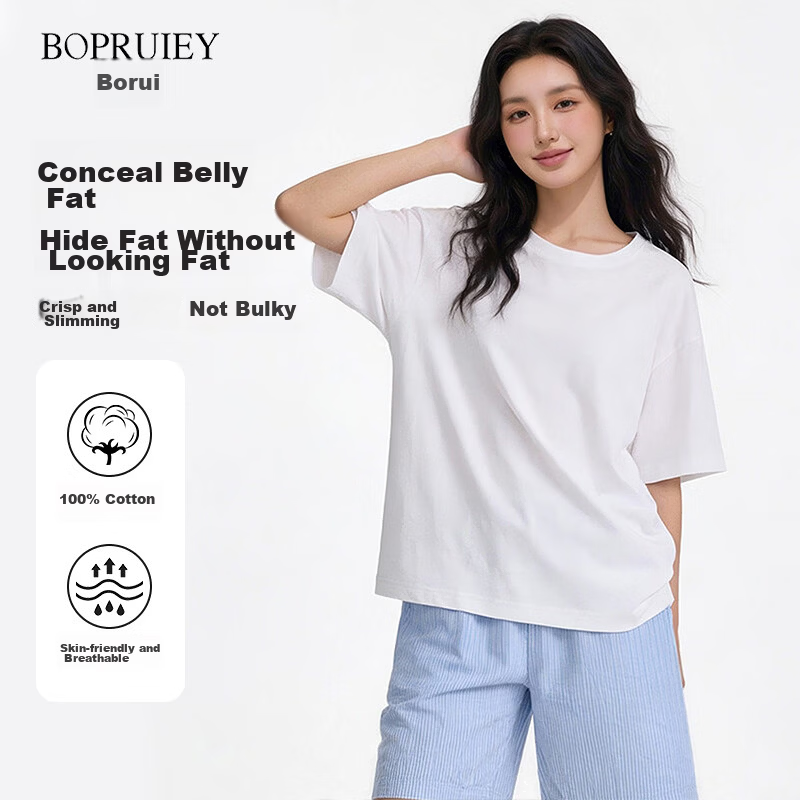 Borui Pure Cotton Short Sleeve Women's 2026 New Casual Loose Thin Base T-Shirt Top