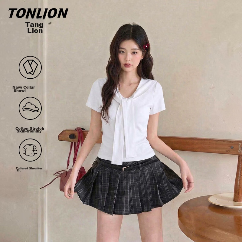 TonLion Navy Collar Short Sleeve Women's Cape Design College Style High-End Summer New Trendy Korean Student Short T-Shirt