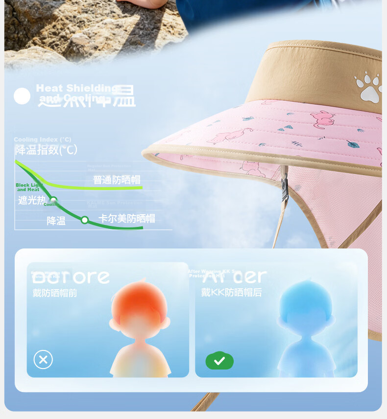 KELME Kids Sun Protection Hat Wide Brim Sunshade Cap with Neck Flap Open Top Outdoor Beach Travel 5
