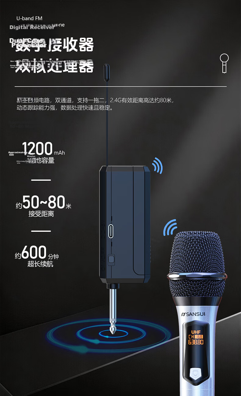 SANSUI Wireless Microphone Professional UHF Karaoke Conference Host Live Outdoor Square Dance Handheld Portable Performance Home KTV Singing Microphone SK09 Single Mic 8