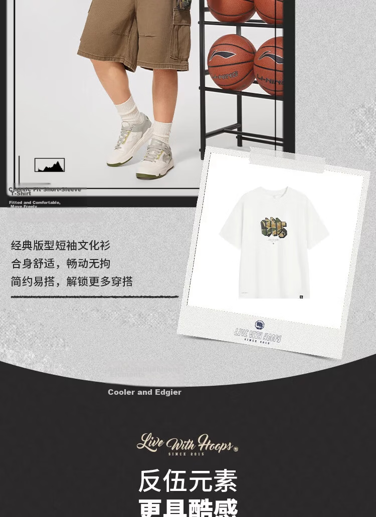 LI-NING BADFIVE Men's Fashion Casual Classic Versatile Short Sleeve T-Shirt Comfortable Breathable Tee 4