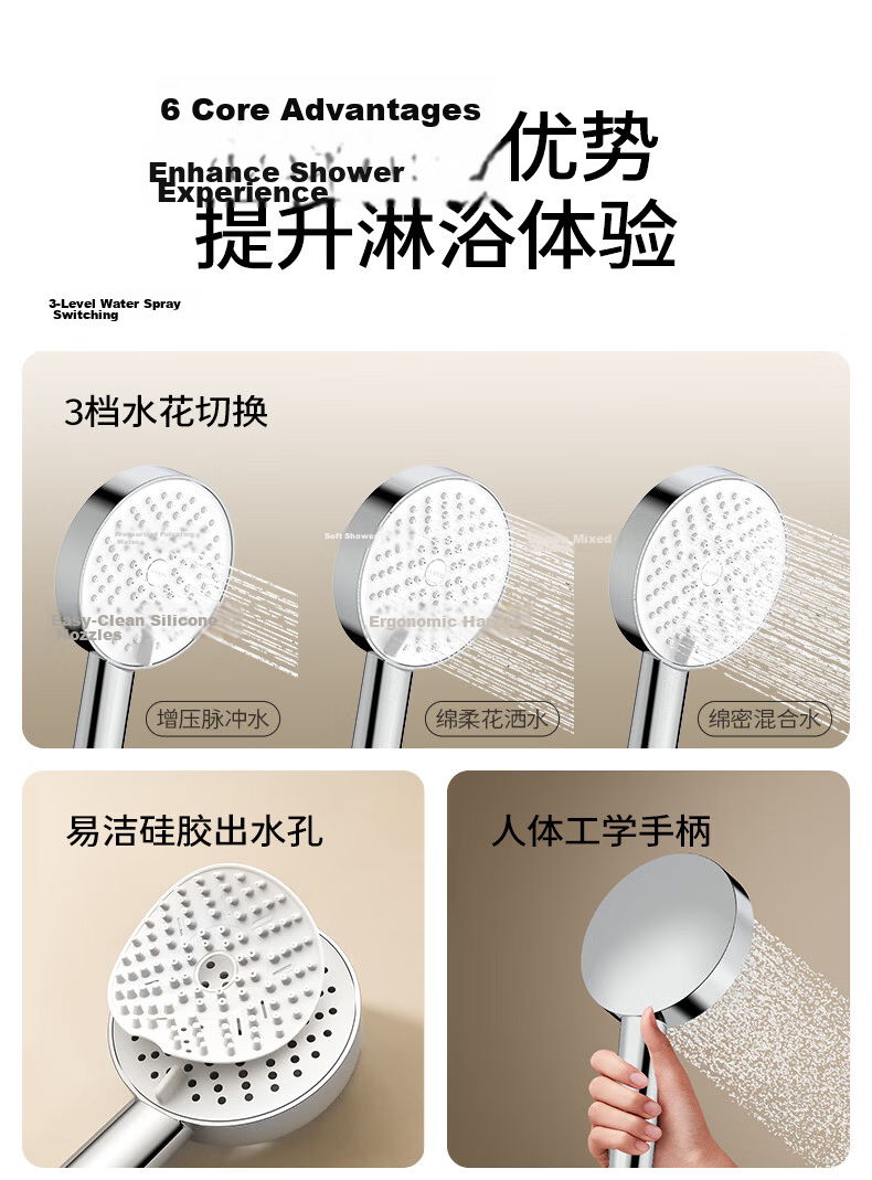 JOMOO Handheld Shower Head Bathroom High-Pressure Water Spray Three-Function Home Descaling Shower Sprayer 3