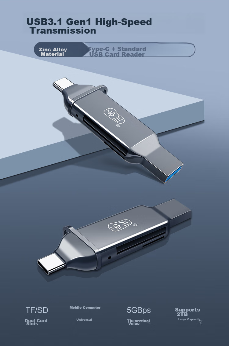 Chuanyu [Dual Card Dual-Read] USB3.2Gen1/TypeC High-Speed SD/TF Multi-Functional Computer/Apple/Android Phone Camera Drone Pocket Card Reader 1