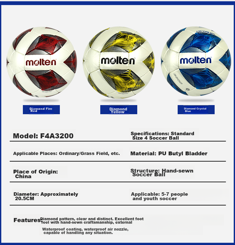 Molten Soccer Ball Size 4 F4A3200-WY Youth, for Ages 5-7, PU Leather, Anti-Sand Air Valve, Universal Soccer Ball 2
