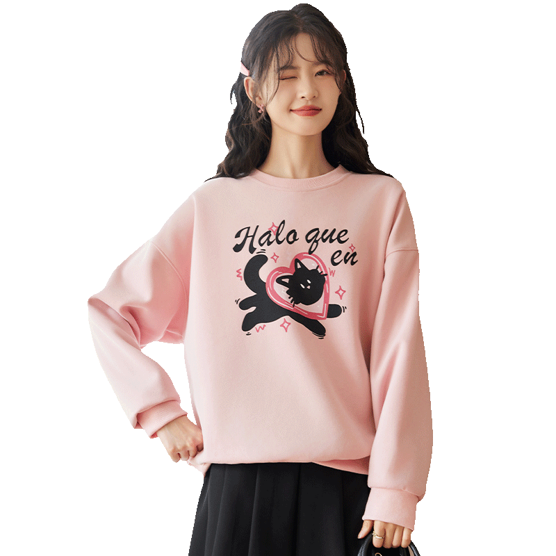 Halo Queen Women's Sweatshirt, Spring And Autumn Round Neck, Kitten Dopamine Heart Letter, Loose Casual Pullover Trendy H143W1039