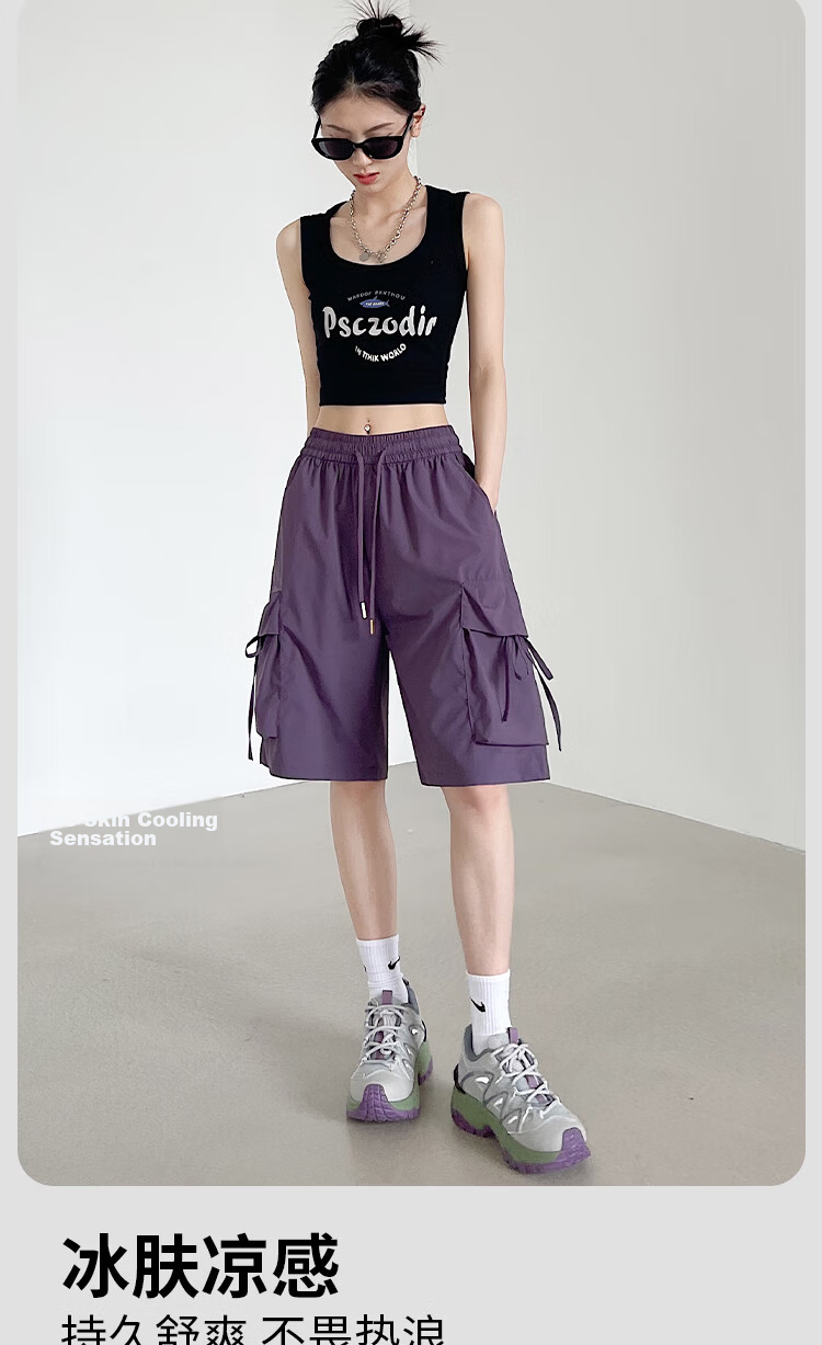 Xueqiman Large Pocket Workwear Shorts Women Summer 2026 New American Style Quick-Dry Ice Silk Cool Straight Sports Knee-Length Pants 4
