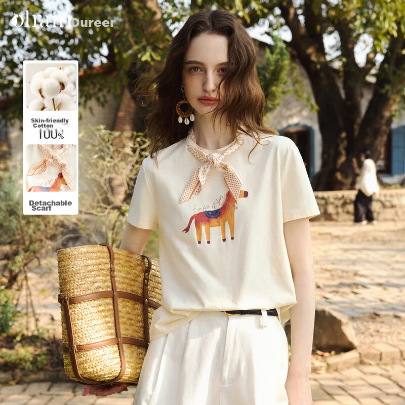 Olrain Eurielle French Style Printed Silk Scarf Short Sleeve T-Shirt Women's Summer Casual Commuting Trendy Top Beige S